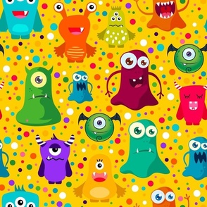 Large Scale Colorful Monster Mash and Polkadots on Yellow