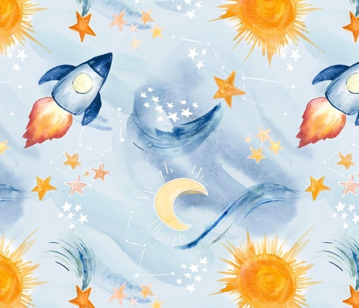 Space Rocket Pattern featuring moon, stars, shooting stars, sun, and constellations.