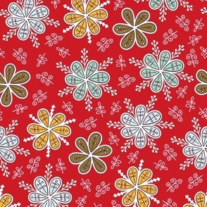 Snowflakes Christmas Holiday Groovy Flower Power Red Mint Olive Green Pastel Blue Yellow Mid-Century Modern
