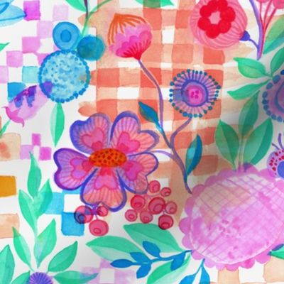 Cheerful checks with florals in bright colors and watercolor technique Large scale 