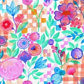 Cheerful checks with florals in bright colors and watercolor technique Large scale 
