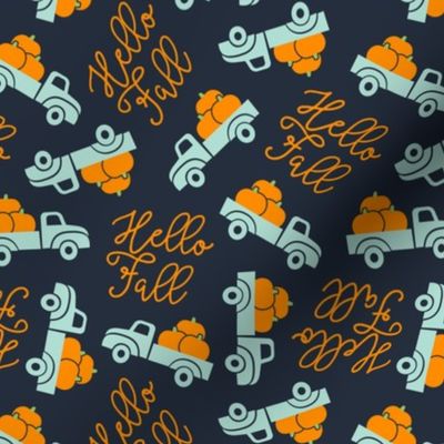 Hello Fall - vintage truck with pumpkins - tossed blue - C22