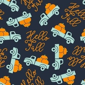 Hello Fall - vintage truck with pumpkins - tossed blue - C22
