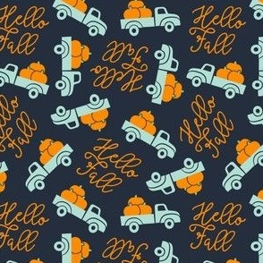 (small scale) Hello Fall - vintage truck with pumpkins - tossed blue - C22