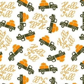 (small scale) Hello Fall - vintage truck with pumpkins - tossed green - C22