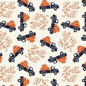 (small scale) Hello Fall - vintage truck with pumpkins - tossed dark blue/cream - C22