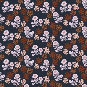 [medium] Brown, Rusty Red and Beige Autumn Flowers on Navy Blue