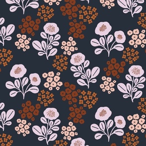 [big] Brown, Rusty Red and Beige Autumn Flowers on Navy Blue