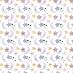 Crescent Moons & Shooting Stars on White Fabric • Goodnight Gnomes Kids, Baby, and Nursery Fabric, Wallpaper, and Home Décor Collection