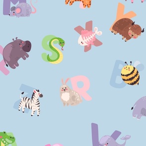 Whimsical Nursery Alphabet in Adorable Animals for Babies and Children 3-4 Inch on Baby Blue Pastel