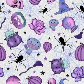 Large Scale It's Hocus Pocus Time, Witches! Purple Halloween Witch Hats Spider Webs Pumpkins and Potions