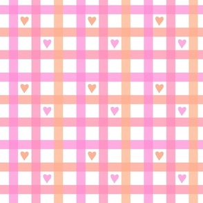  Peach Pink Hearts Checks and stripes on White background