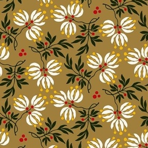 Berry Floral Kaleidoscope - Cream and Deep Forest on Gold - medium