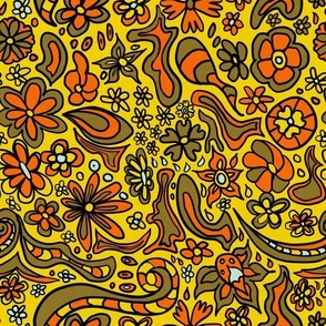 Olive, yellow, orange retro flowers and swirls on linen large scattered tossed