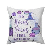 18x18 Panel for Throw Pillow or Cushion Cover It's Hocus Pocus Time, Witches! Halloween Black Spiders Purple Pumpkins and Potions