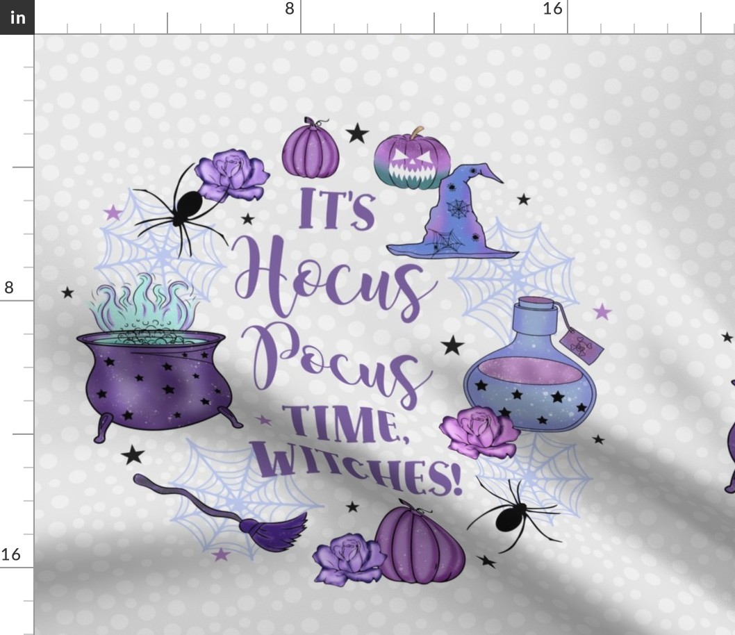 18x18 Panel for Throw Pillow or Cushion Cover It's Hocus Pocus Time, Witches! Halloween Black Spiders Purple Pumpkins and Potions