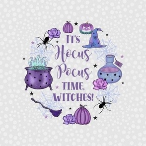 6" Circle for Embroidery Hoop Wall Art or Quilt Square It's Hocus Pocus Time, Witches! Purple Halloween Spiders Pumpkins Potions