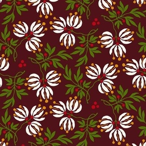 Berry Floral Kaleidoscope - Cream on Maroon - medium