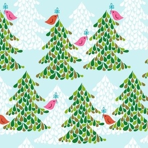 Birds Doves Olive Branch Christmas Tree Holiday Peace Pink Orange Green Turquoise Blue White