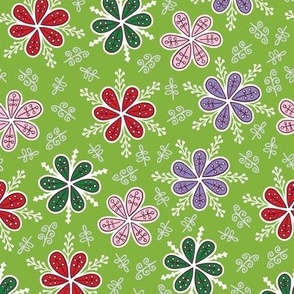 Snowflakes Christmas Holiday Groovy Flower Power Green Red Purple Pink Mid-Century Modern