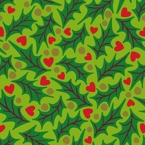 Holly Hearts Christmas Holiday Tossed Print Red Green Holly Leaves Berries