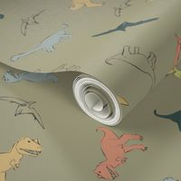 (Large) Dinosaur Obsession, Olive Background, Hand-Drawn