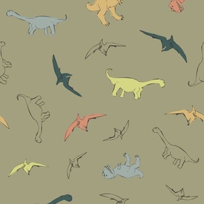 (Large) Dinosaur Obsession, Olive Background, Hand-Drawn