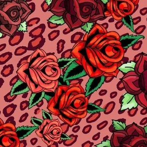 rockabilly roses leopard in burgundy and red ROTATED version