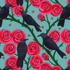 black crows and red roses on muted aqua