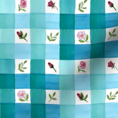 Watercolor rose checks 4-patch aqua