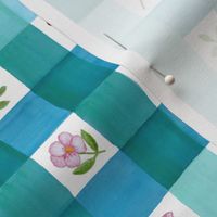 Watercolor rose checks 4-patch aqua