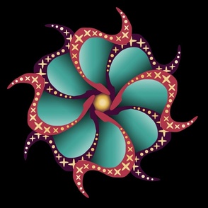 Giant Dark Gothic Flower - Black Background -Stained Glass Flower Collection Compliment - Deep Royal Violet, Deep Rose, Tropical Green, Butterscotch - 420b35, ae3449, 42a497, e0b447