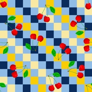 Cherries and Checks in Blue Yellow  Picnic Blanket