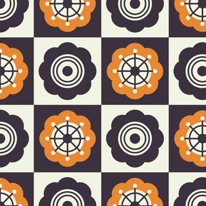 1005 - floral tiles, navy / orange