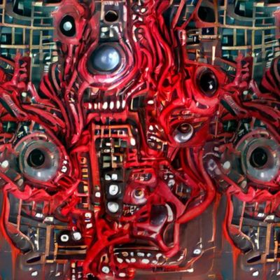 1 biomechanical circuit board blood flesh eyes eyeballs teeth red green demons aliens monsters body horror sci-fi science fiction futuristic cybernetics machines Halloween scary horrifying morbid macabre spooky eerie frightening disgusting grotesque heavy