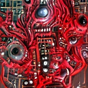 1 biomechanical circuit board blood flesh eyes eyeballs teeth red green demons aliens monsters body horror sci-fi science fiction futuristic cybernetics machines Halloween scary horrifying morbid macabre spooky eerie frightening disgusting grotesque heavy