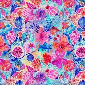 Floral dream land watercolor in hot pink and azur Small scale