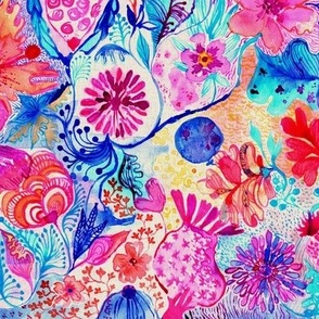Floral dream land watercolor in hot pink and azur Medium scale