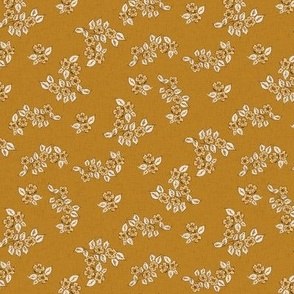 Vintage wild roses on dark golden yellow background NON DIRECTIONAL with linen texture Small scale