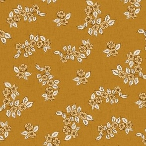Vintage wild roses on dark golden yellow background NON DIRECTIONAL with linen texture Medium scale