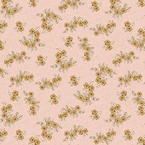 Vintage wild roses on blush pink background NON DIRECTIONAL with linen texture Small scale
