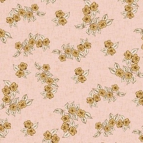 Vintage wild roses on blush pink background NON DIRECTIONAL with linen texture Medium scale