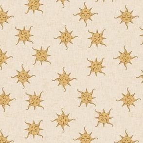Vintage sun on beige with linen texture NON DIRECTIONAL Small scale
