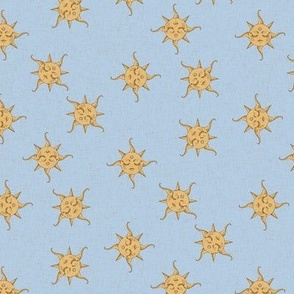 Vintage sun on light blue with linen texture NON DIRECTIONAL Small scale