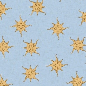 Vintage sun on light blue with linen texture NON DIRECTIONAL  Medium scale