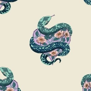 Witchy snake with floral heart lila violet and aqua green on cream yellow background Medium scale