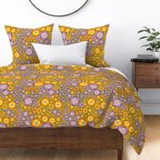 Seventies Retro purple orange Floral on Olive