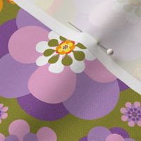 Seventies Retro purple orange Floral on Olive