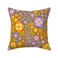 Seventies Retro purple orange Floral on Olive