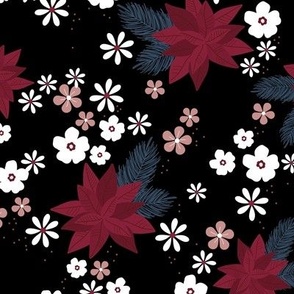 Christmas vines and holiday blossom flowers botanical seasonal mistletoe and poinsettia flower design red blue on black